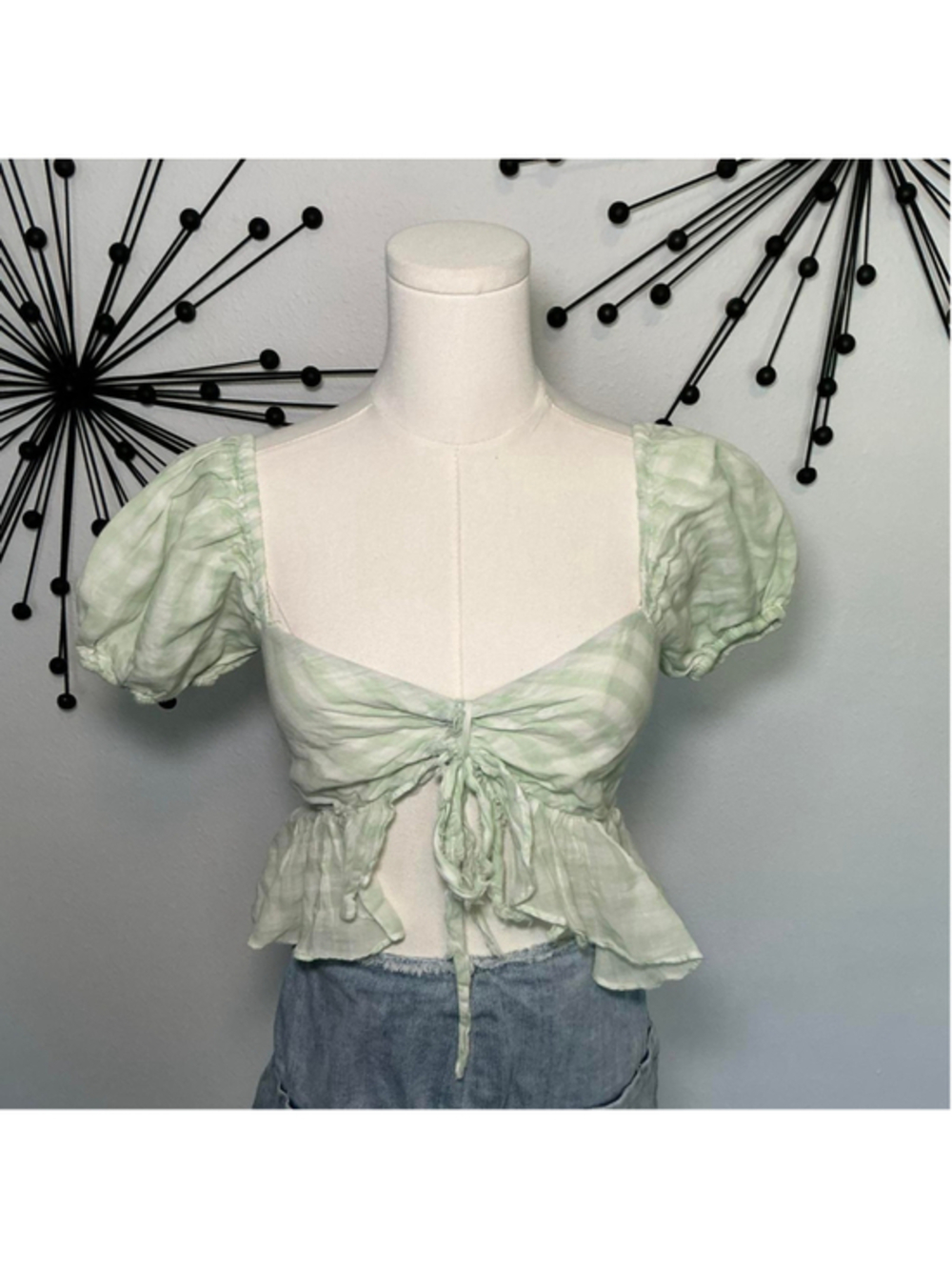 Aeropostale mint green gingham puff sleeve tie front crop top XS